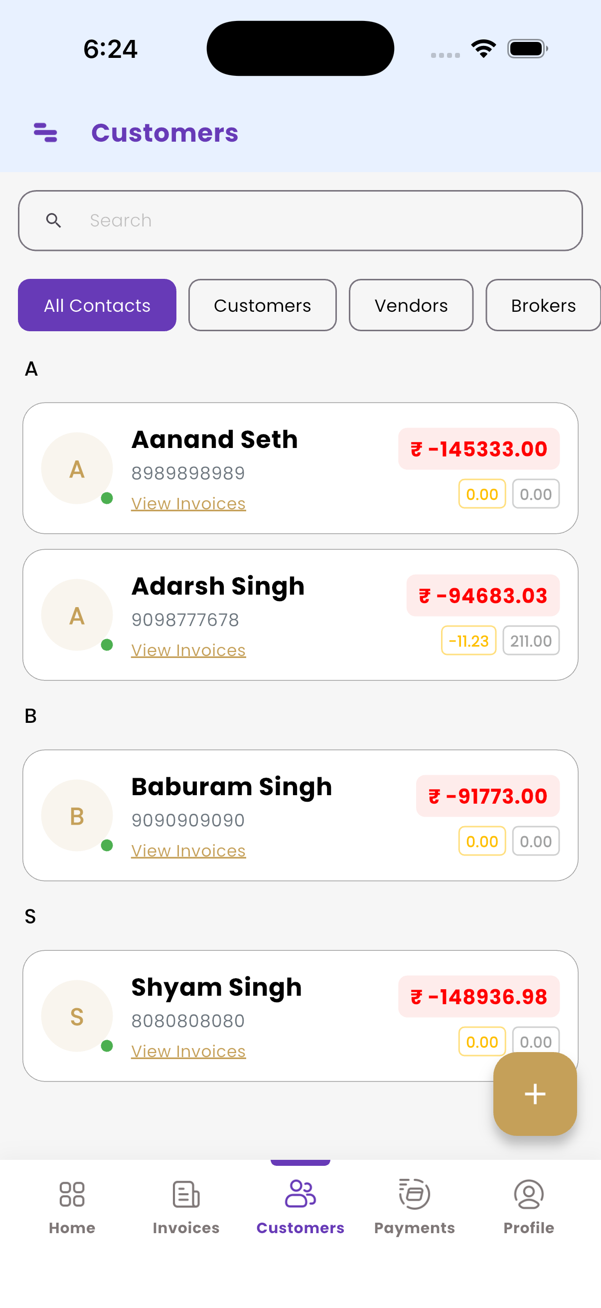 Sonaro Customer Ledger Screen